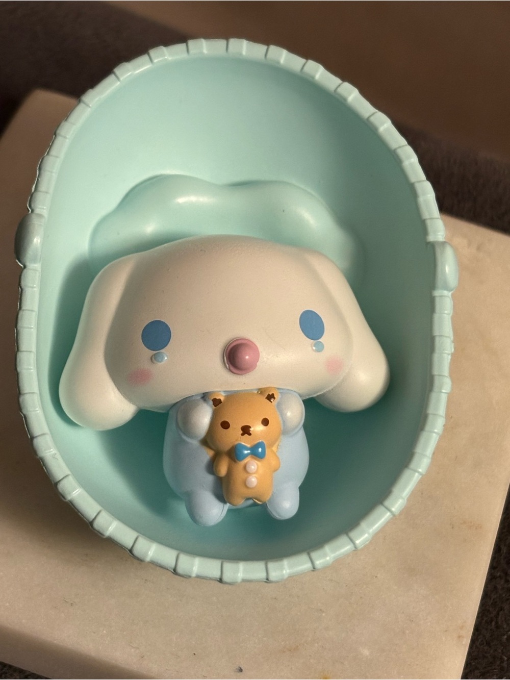 Adorable Sanrio Baby Cinnamoroll Blue & White Figure with Teddy in Basinet